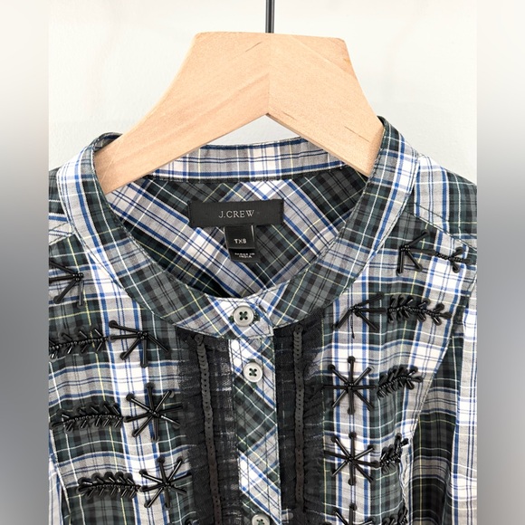 J. Crew Forrest Green Plaid Embellished Button Front Blouse Size XS Tall - Picture 6 of 7